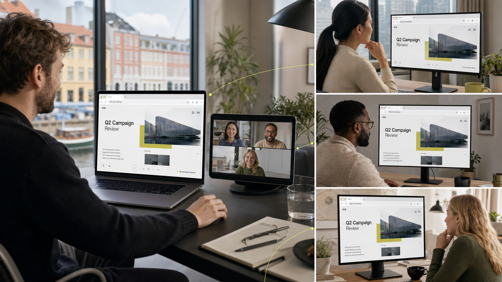 A presenter keeps notes on one screen while three remote participants view the same synchronized slide in their browsers and the video call shows faces only.